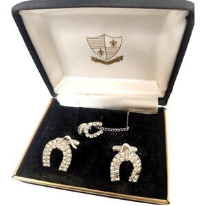 Vintage Silver Horseshoe Cufflinks Tie Pin Set with Rhinestones in Original Box